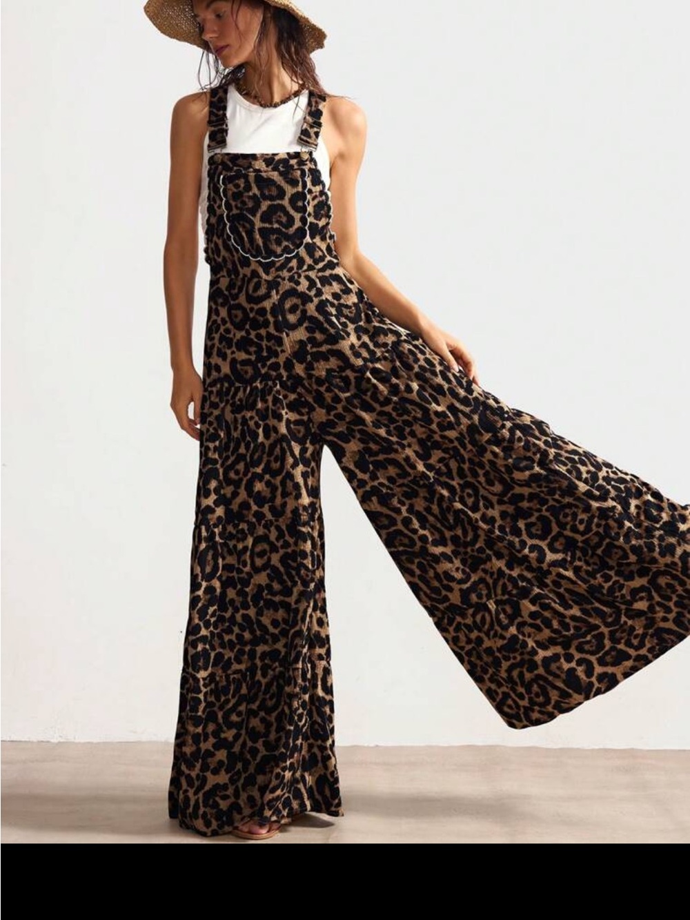 Leopard Print Wide-Leg Jumpsuit Overalls - Brown/Black